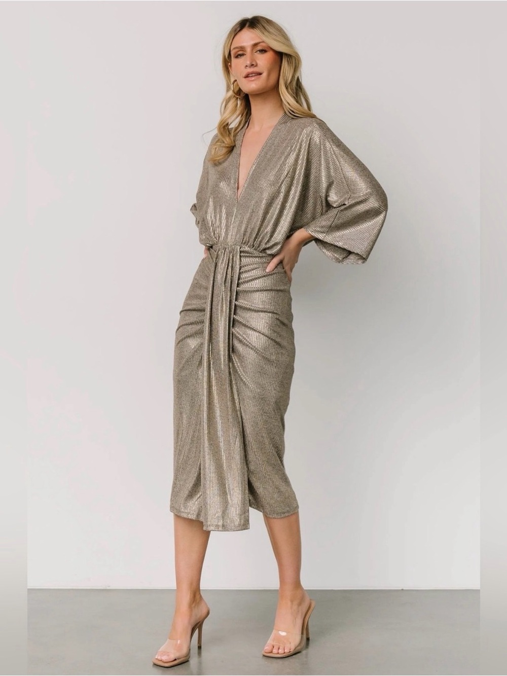Baltic Born Metallic Silver Midi Wrap Dress with Tie Waist size Small